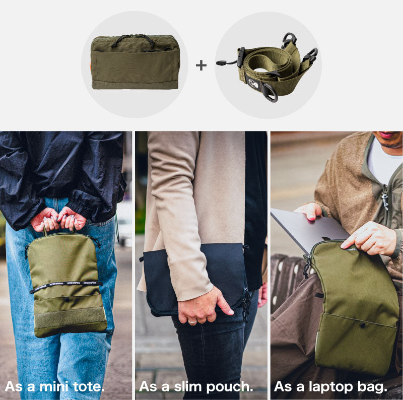 As a mini tote, slim pouch, and laptop bag